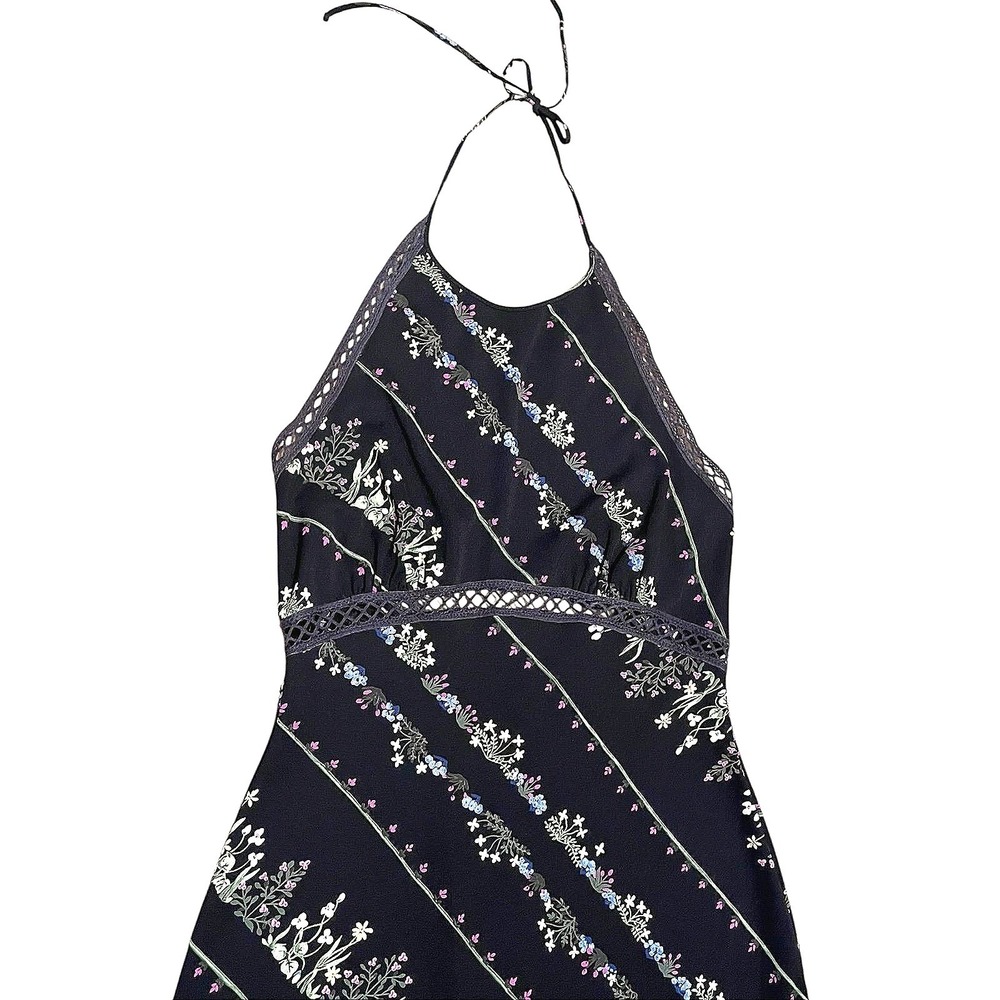 BCBG Max Azria Black Floral Stripe Halter Maxi Dress Crochet Trim Cutout Back - Picture 5 of 8